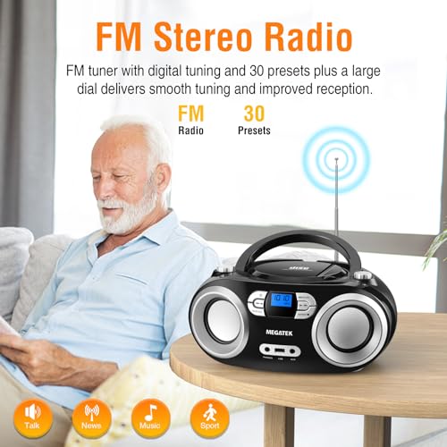 MEGATEK Leitor de CD estéreo portátil com rádio FM, Bluetooth, USB, entrada auxiliar e fone de ouvid