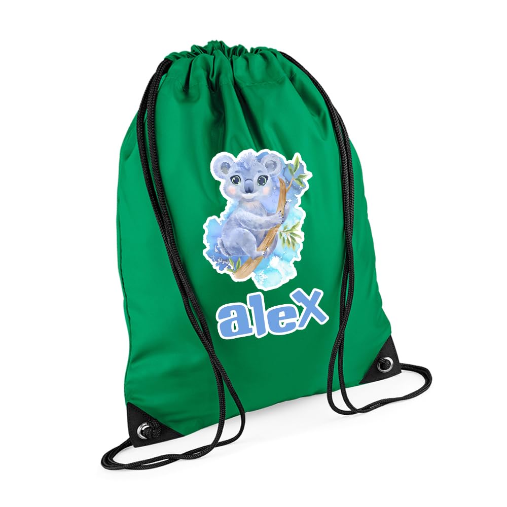 Getagift Personalized Cute Watercolour Koala Drawstring Bag for Kids, Back to School, Waterproof Sports Backpack, PE Kit Bag, Gym and Swimming Bag, Sport Rucksack. (Kelly Green)