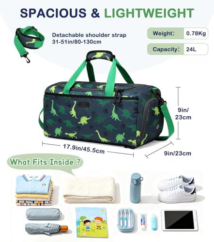 Kids Duffle Bag,VASCHY Travel Bag for Toddler Children Boys Water Resistant Overnight Duffel Ballet Dance Sport Carry On Weekender Bag with Shoes Compartment Dry Wet Pocket Green Dinosaur2