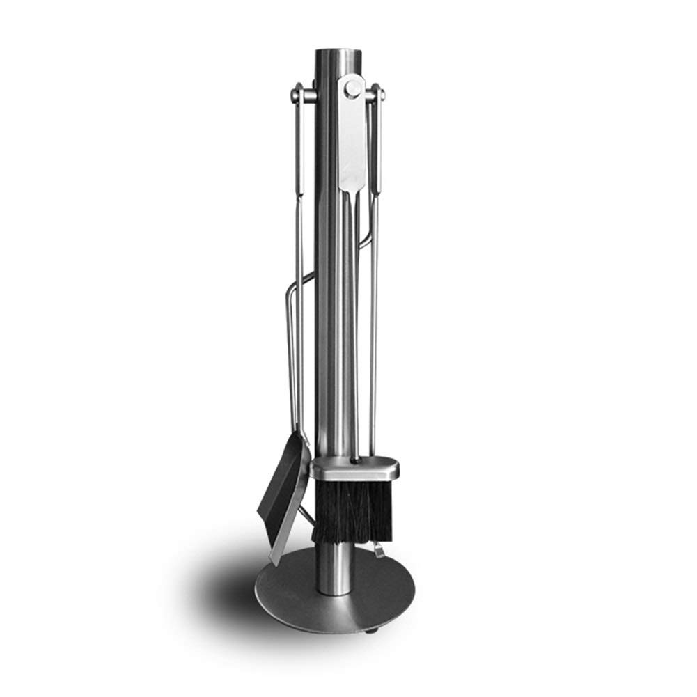 Set di 5 attrezzi da camino in acciaio inox con moderno supporto antiruggine resistente, include pala, spazzola, attizzatoio e pinze