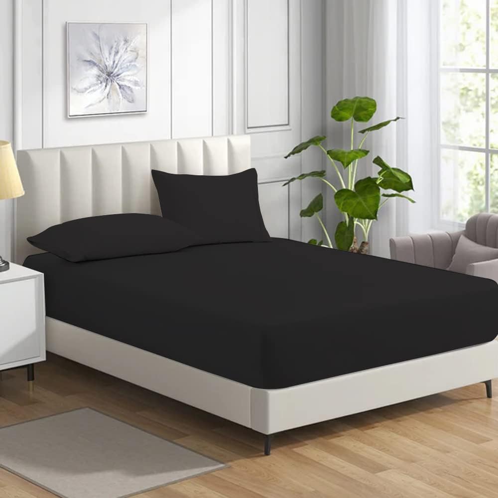 Bella Nights Fitted Sheet 100% Polycotton – Deep Pocket 25CM, Soft Brushed, Durable & Comfortable Bed Sheet – Easy Care Bedding (Black, Double)