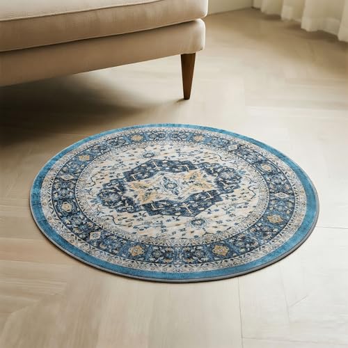 Image of Carvapet Vintage 24 inch /61 cm Small Round Rugs Non-Slip Washable Circle Rug with Rubber Backing Foldable Low Pile Design for Living Room Bedroom, 2ft Dark Blue Mini Rug