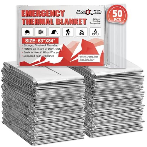 Image of SecuCaptain Survival Emergency Thermal Blankets: 50 Pack Extra Large 84 inch x63 inch Space Mylar Blanket Kit for Outdoor Cold Winter Camping Hiking Car Bug Out Bag or First Aid