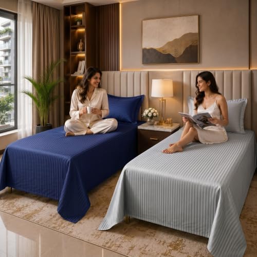Image of Mafatlal 210 TC Italian Stripe Single Bedsheet Set with Pillow Cover (60 x 90 Inches) | 100% Cotton | Hotel Collection | Soft Breathable Flat Bed Sheet | Navy N White