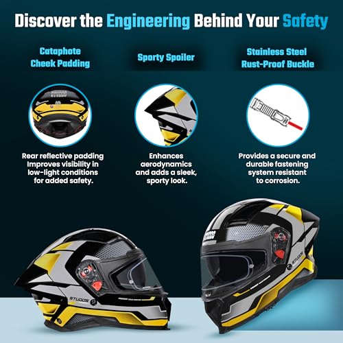 Image of STUDDS Helios ISI and DOT Certified Full Face Helmet with Antifog 100 Lens, Sporty Spoiler (Flame Blue - L)