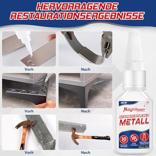 30g Sekundenkleber Metall, Transparenter Metallkleber, Metall Kleber Extra Stark Wasserfest Hitzebeständig zum Verkleben von Metallen aller Art