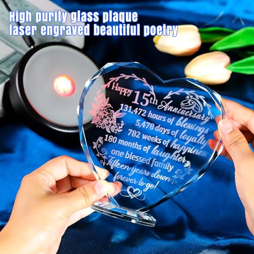 Arikyrist 15th Wedding Anniversary Crystal Gifts for Wife Glass Happy 15 Years Anniversary Heart Keepsake Ornament with LED Base 15th Anniversary Presents for Couples Friends - Image 3