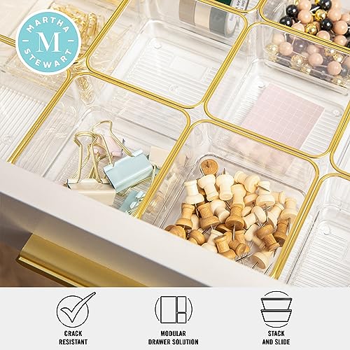Image of Martha Stewart Kerry Plastic Stackable Office Desk Drawer Organizers, 3 inch x 3 inch, 12 Pack, with Gold Trim