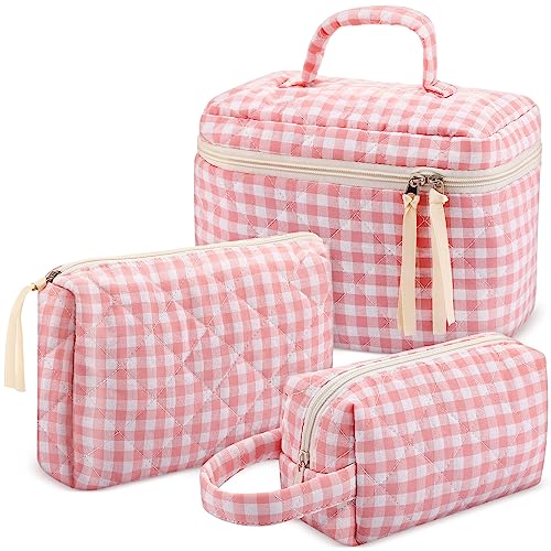 Image of Paterr Makeup Bag Set 3 Pcs Large Quilted Cotton Make up Bags for Women Cosmetic Travel Toiletry Organizer Pouch Cute Aesthetic Storage Purse(Pink,Pink Plaid)