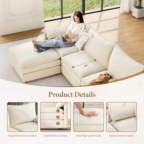 Image of Vesgantti Large Modular Sectional Sofa, Big Comfy Cloud Couch with Ottoman Deep Seat Chenille Cloud Sofa, 8 Seater Large Sectional Couches for Living Room, Bedroom and Apartment, Beige