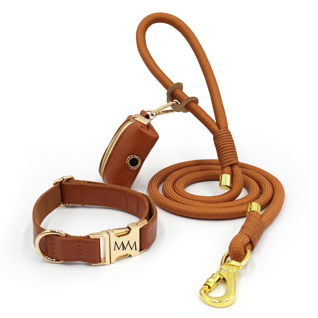 MVM Hundeleine mit Halsband & Kotbeutelspender Set - Wasserdicht & Pflegeleicht - PU Leder & Geflochtenes Nylon - Goldene Verschlüsse - Verstellbar Kleine, Mittlere & Große Hunde - [Braun,