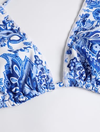 Image of ZAFUL Women Halter Dual Straps Whip Stitch Floral Triangle Bikini Swimsuits | Color Block Whip Stitches Trim, Halter Dual Shoulder Straps, Popular Floral Print, Cheeky Bikini Bottom, Tie Back