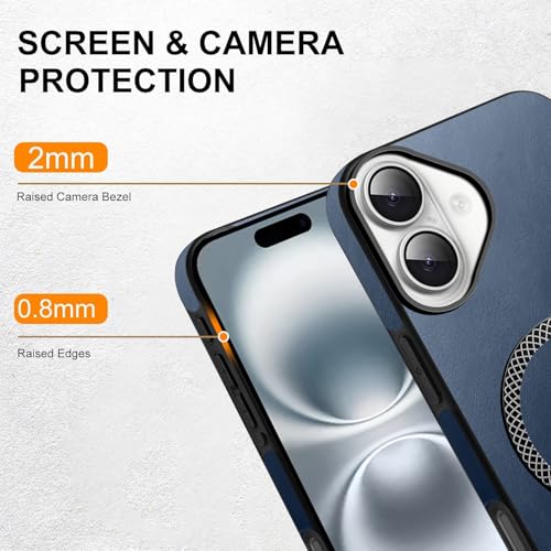 Image of KARWAN Shockproof Hybrid Leather Finish Back Case Cover Compatible with iPhone 16 with Wireless MagEaze Charging Cover, Anti-Scratch Shield Case with Strong Minimalist Design (Blue)