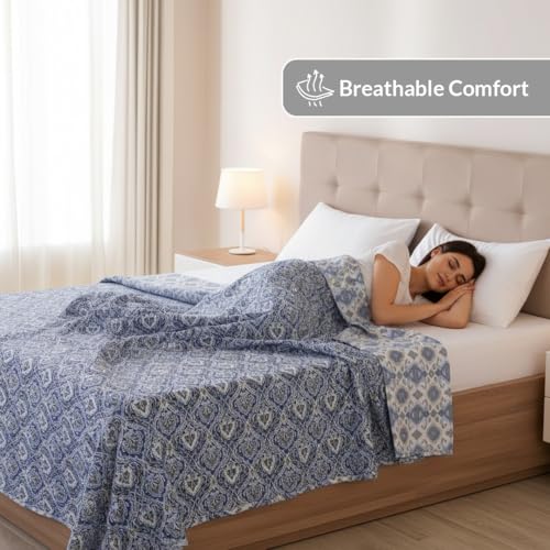 Image of HOMEMONDE 100% Cotton Reversible Dohar Double Bed Size | AC Blanket Comforter | Soft Lightweight Bed Blanket Quilt (84 x 94 Inch, Blue & White, Pack of 1)