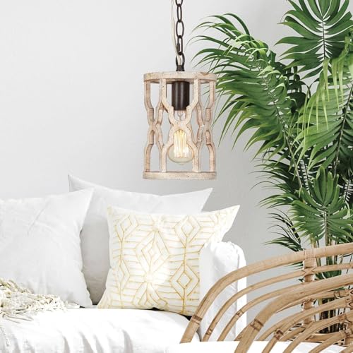 Image of KSANA Wood Pendant Light, Farmhouse Rustic Cage Lantern Hanging Light Fixture for Kitchen Island, Foyer, Hallway, Bedroom and Entryway