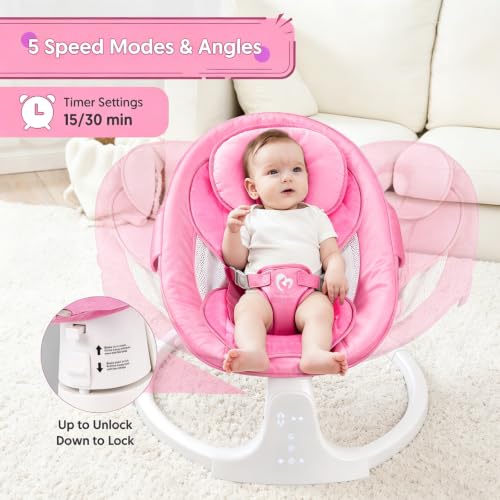 Image of Bluetooth Baby Swing for Infants Indoor & Outdoor Portable, 3 Seat Positions, 5 Speeds, Remote, USB Power, Season Cushion
