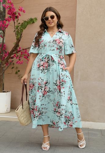 Image of Keluummi Plus Size Wedding Guest Maxi Dresses for Curvy Women, Summer Casual Floral 3 /4 Sleeve Party Wrap Dress with Pockets