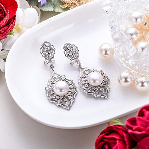 EVER FAITH 925 Sterling Silver CZ 10MM Pearl Art Deco 1920s Prom Rhombic Chandelier Dangle Earrings3