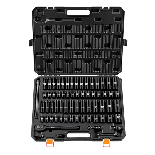 Image of VEVOR 65-Piece 1 /2 inch Drive Impact Socket Set, SAE (3 /8 inch to 1-1 /4 inch) & Metric (10 to 24 mm), CR-V, Deep & Shallow, 6 Point, Ratchet Handle, Universal Joint, Adapters, Extension Bars (3, 5, 10 in)