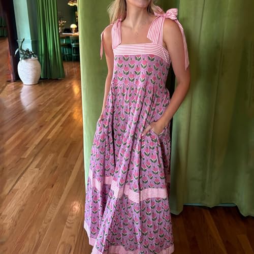 Image of Women Y2k Boho Maxi Dress Tie Shoulder Backless Strappy Tiered Flowy Dress 2024 Summer Floral Beach Sundress