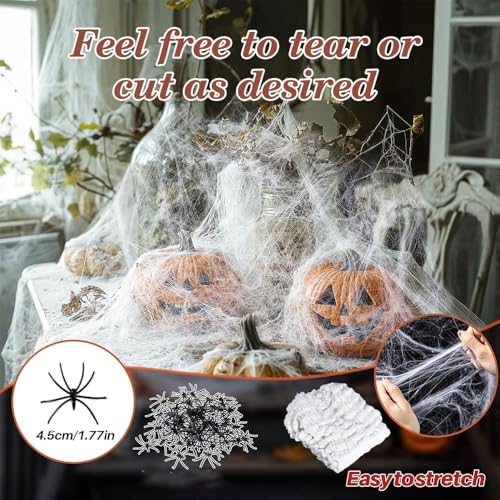 Image of Pop The Party Halloween Spider Web Decorations - Stretchable Fake Cobwebs with Spiders for Indoor & Outdoor Halloween, Haunted House & Yard Decor 2 Spiders
