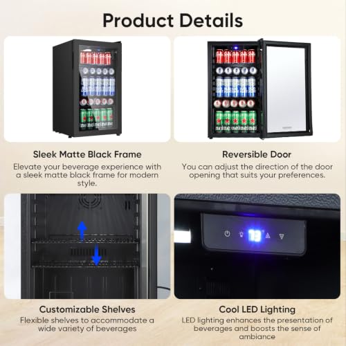 Image of 120 Cans Beverage Refrigerator Freestanding, Small Beverage Cooler with Glass Door, Mini Drink Fridge for Beer Soda, 3.0 Cu.Ft for Office, Home, Bar, White LED Light & Reversible Door - Black