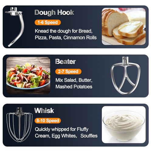 Stand Mixer, 6.5QT 10-Speed Tilt-Head Electric Stand Mixer, 3-In-1 Kitchen Mixer with Bowl, Dough Hook, Whisk and Beater, Food Mixer for Baking, Cake and Most Home Cooks, Light Green - Image 6