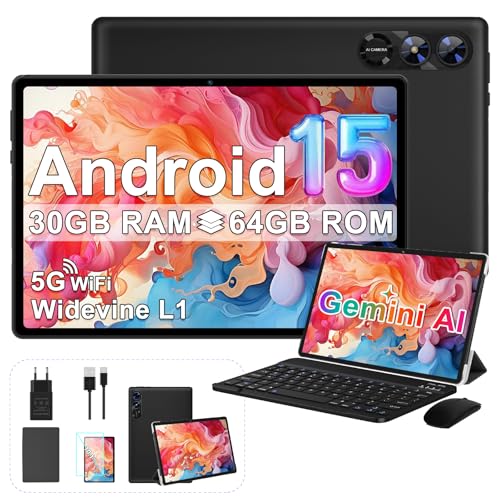 fezawio Android 15 Tablet 10 Pulgadas Gemini AI, Tablet PC Octa-Core, 30 GB RAM + 64 GB ROM (1TB TF), 3.5mm Audio/GMS/WiFi 6 & BT 5.0 / 6000mAh / GPS/Widevine L1, Tableta con Teclado-Negro