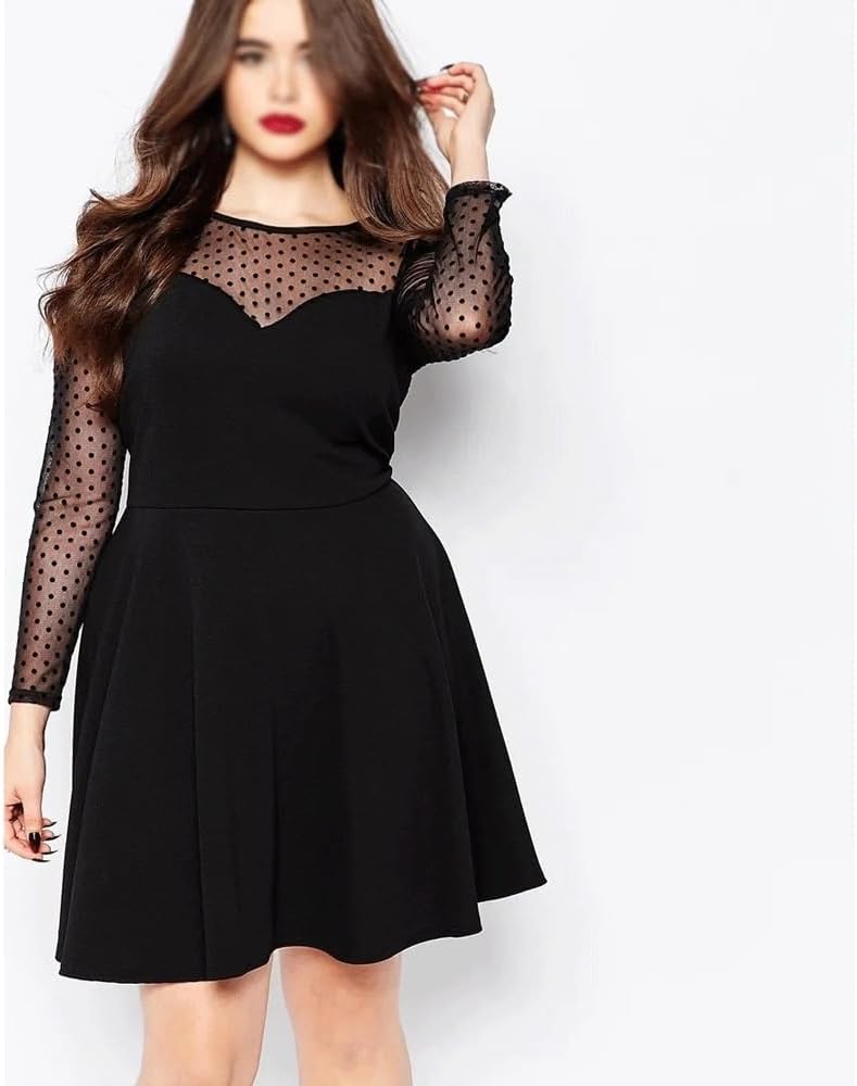 JSEIAJB A-line Dress Women Dot Print Long Mesh Sleeve Fit and Flare Knee Length Office Party Dress(5X-Large)