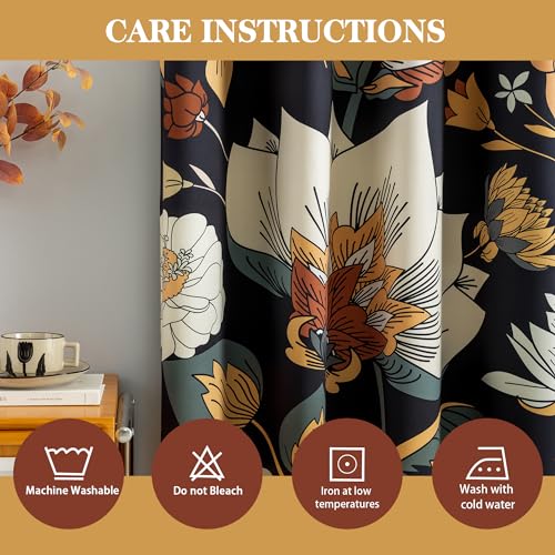 Image of Tyrot Black Boho Floral Grommet Blackout Curtains, 52W x 45L, 2 Panels