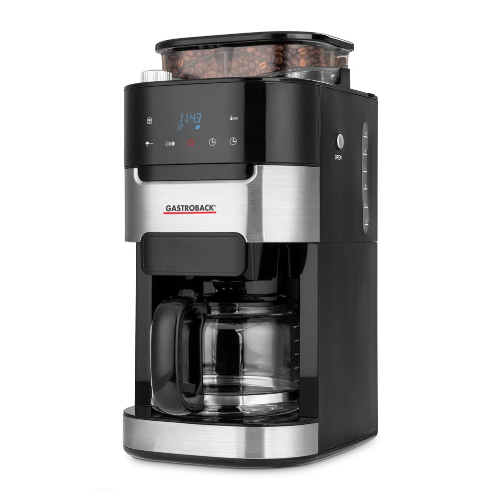 GASTROBACK 42711 Grind & Brew Pro Cafetera de filtro con molinillo integrado, mecanismo cónico con 8 niveles de molienda, pantalla LCD suave al tacto, plástico
