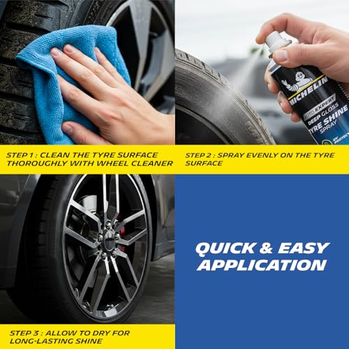 Image of Michelin Tyre Shine Polish for Car 400ml | Instant Deep Black Gloss for Tyres & Plastic Parts with UV-Protection | Restores Faded Surfaces & Prevents Premature Ageing | Long-Lasting Non-Greasy Shine