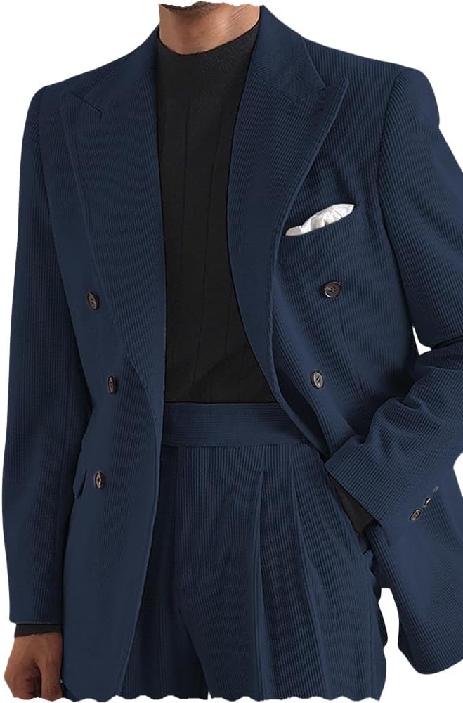 Mens Suits 2 Piece Retro Corduroy Dress Suit Double Breasted Prom Tuxedos Jacket Pants Set