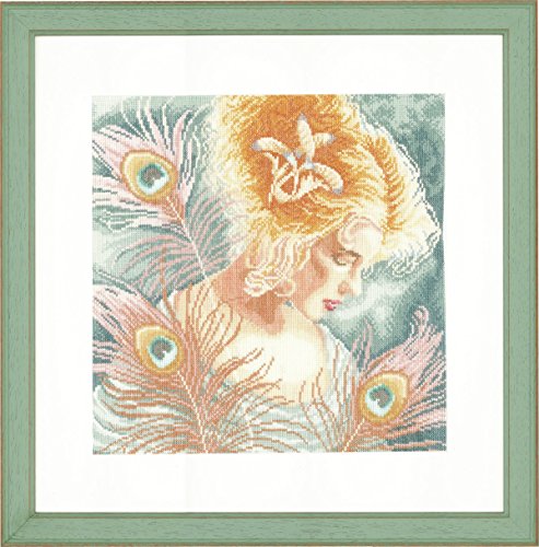 Image of Counted Cross Stitch Kit: Young Woman Peacock Feathers (Linen)