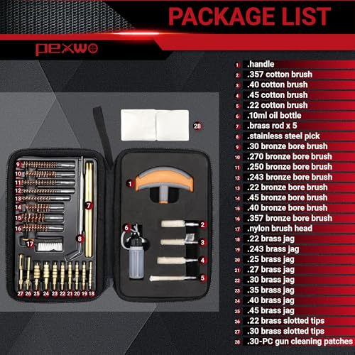 Pexwo Universal Gun Cleaning Kit, for .22, .357, .38, 9mm, .45 Caliber Pistol, .30, .270, .250, .243, Rifle Cleaning Kit (Bronze Bore Brush, Brass Rods, Brass Jags and Brass Slotted Tips)