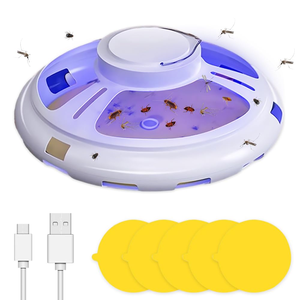 mizikuu Flea Lamp Traps for House, LED Flea Light Trap Flea Catcher for Home with 5 Sticky Pads 4 Light Modes Non-Toxic Odourless for Living Room Kitchen Bedroom White