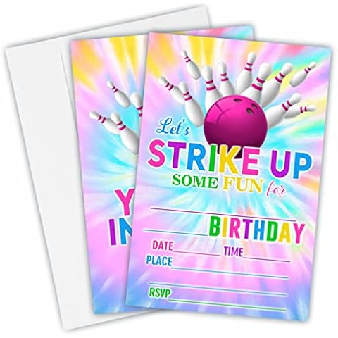 Tie Dye Bowling Birthday Invitations, Let's Strike Up Some Fun Birthday Party Invites For Kids Adults Birthday Party And Events Supplies, 20 Fill-In Invites Cards With Matching Envelopes(YQK-B11) Cover
