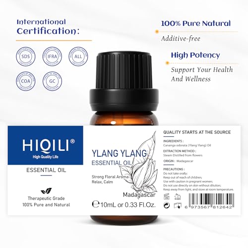 Image of HIQILI 0.33 Fl Oz Ylang-Ylang Essential Oil, Long-Lasting Scent for Diffusers, Perfumes, Aromatherapy, DIY - 10 ML