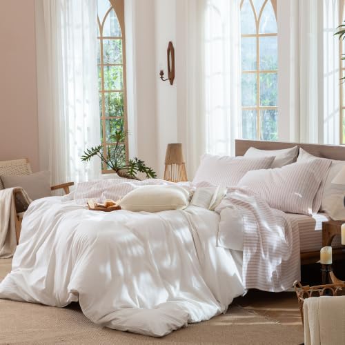 Image of MooMee Striped Sheet Set 100% Washed Cotton Linen Like Queen | Relaxed Linen-like Texture. Soft, Breathable & Lightweight Comfort. 15-19 inch Extra Deep Pocket with All-around Elastic