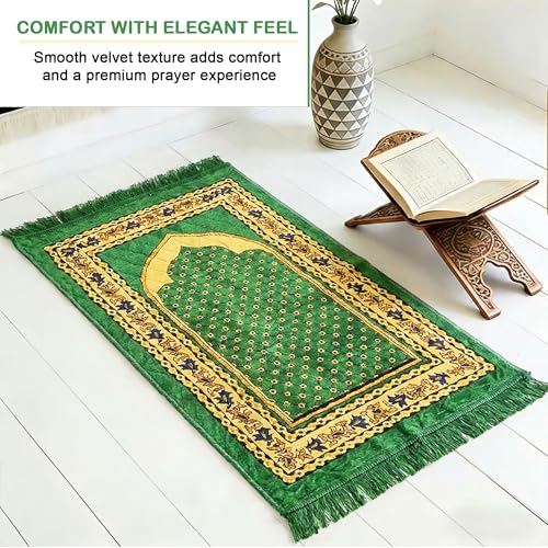 Image of Kuber Industries 28x44 Inch Velvet Janamaz /Meditation /Prayer Mat for Muslim Namaz | Soft & Foldable Mihrab Mark Islamic Prayer Rug | Green
