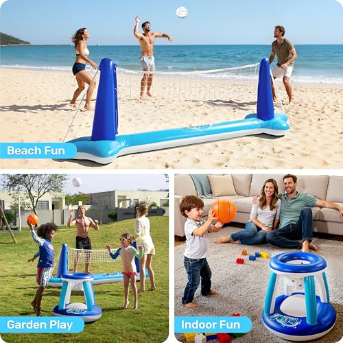 Image of JOYIN Inflatable Volleyball Net & Basketball Hoops Pool Float Set; Balls Included for Kids /Adults, Summing Pool Game, Floating, Summer Floaties, Volleyball Court |Basketball,L-Dark Blue