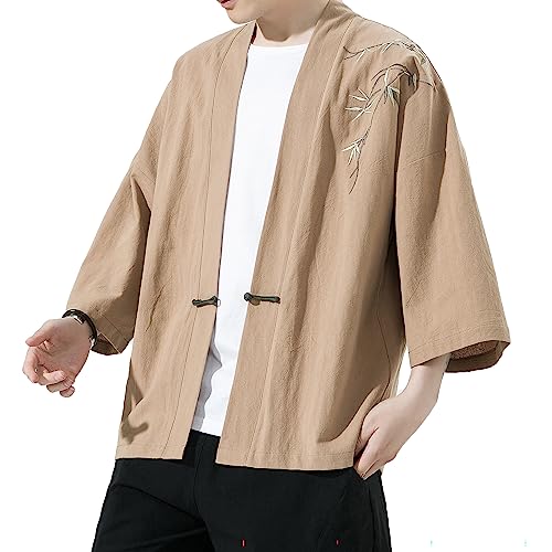 Image of Mens Kimono Cardigan Cotton Linen Japanese Shirt 3 /4 Sleeve Haori Yukata | Skin-Friendly Solid Color Lightweight Shawl Collar Kimono Robe Embroidery Button Tie Pockets Happi Coat All Season Daily Wear