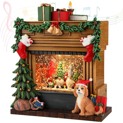Christmas Snow Globes with 6H Timer, Lighted Musical Snow Globe Gnomes and Dog Fireplaces Lantern with Swirling Glitter, USB & Battery Operated Spinning Glitter Snow Globe Christmas Decorations Gifts