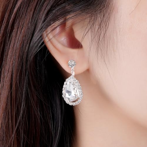 Women Jewelry Set Silver Necklace Earrings Bracelet Rhinestone Crystal Bridal Wedding Jewelry Sets for Brides Bridesmaid Wedding Party - Image 5