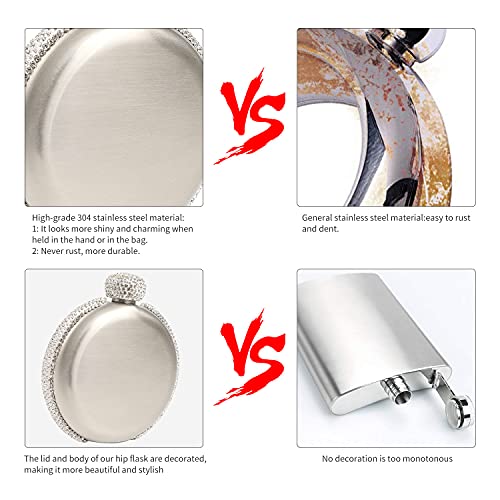Intor Hip Liquor Flask For Women, Leakproof Wine Flasks 304 Stainless Steel Rhinestone Portable Flask With Funnel, Women Girls Bling Gift(Silver/5Oz) #TOP6