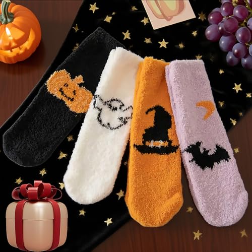 ZKFSIE Halloween Fluffy Socks, 4 Pair Ghost Cartoon Socks for Women, Cozy Winter Festival Party Accessories, Cute Halloween Gifts - Image 5