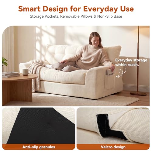 Image of MONVANE 55.5 inch Convertible Loveseat Sofa, Comfy Chenille Cloud Couch with Storage Pocket, Modern Deep Seat Boneless Couch, 2 Seater Sofa for Living Room, No Assembly Required, Beige