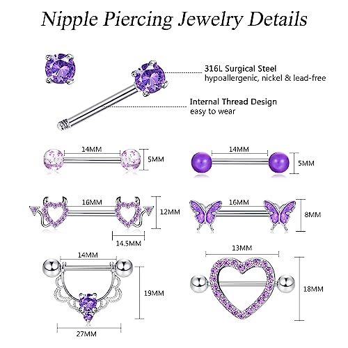 Fansilver 7 Pairs 14G Nipple Rings Surgical Steel Nipple Piercing CZ Heart Butterfly Barbell Tongue Rings Set Cute Nipple Tongue Piercing Jewelry for Women2