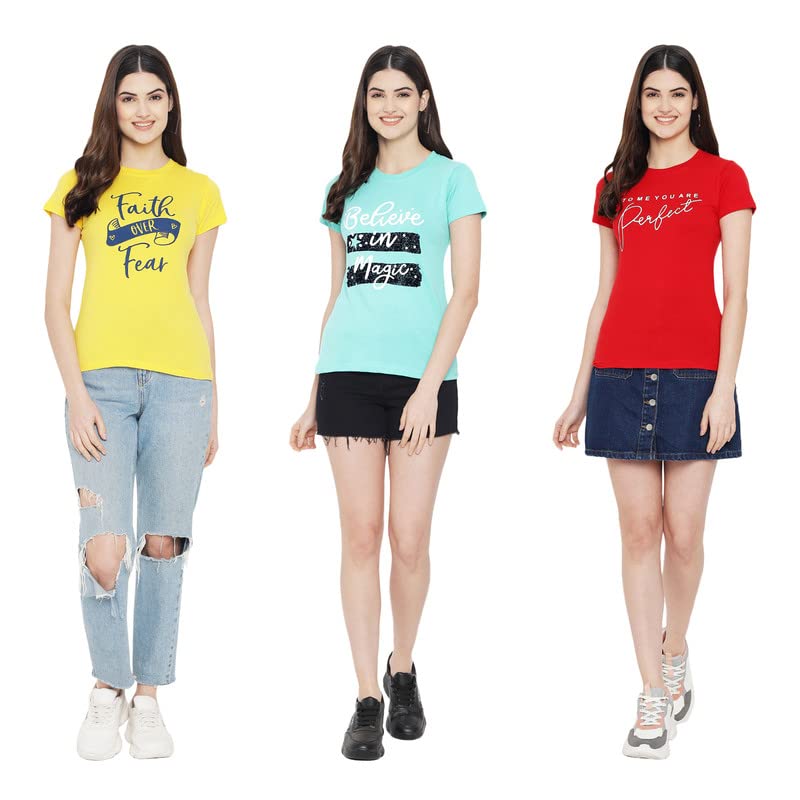 Image of Preneum Women's Cotton Regular Fit Graphic Stylish Printed Short Sleeves Casual T-Shirt || Trend & Style (Pack 3)