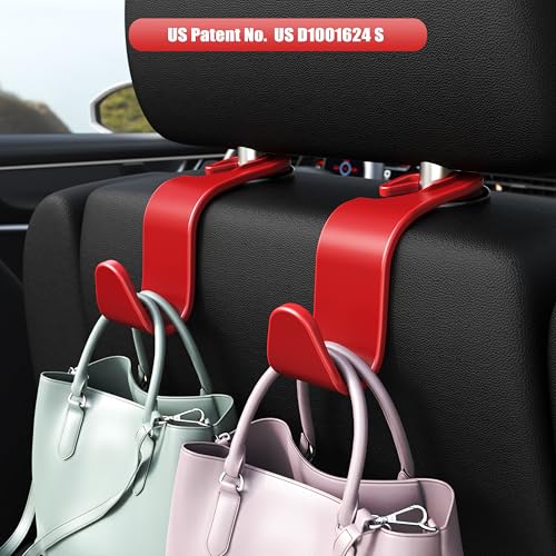 Image of Car Seat Headrest Hook 4 Pack Hanger Storage Organizer Universal for Handbag Purse Coat Universal fit Vehicle Car Red with Clip